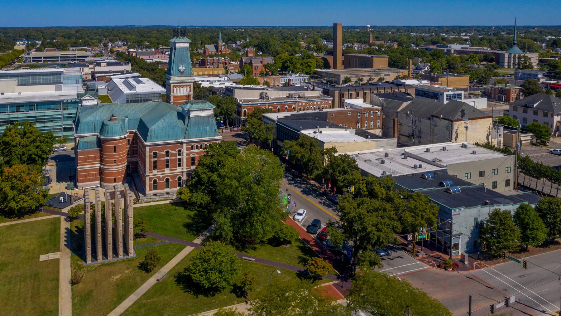 Columbus Indiana downtown aerial view for Kentuckiana Moving service-area planning