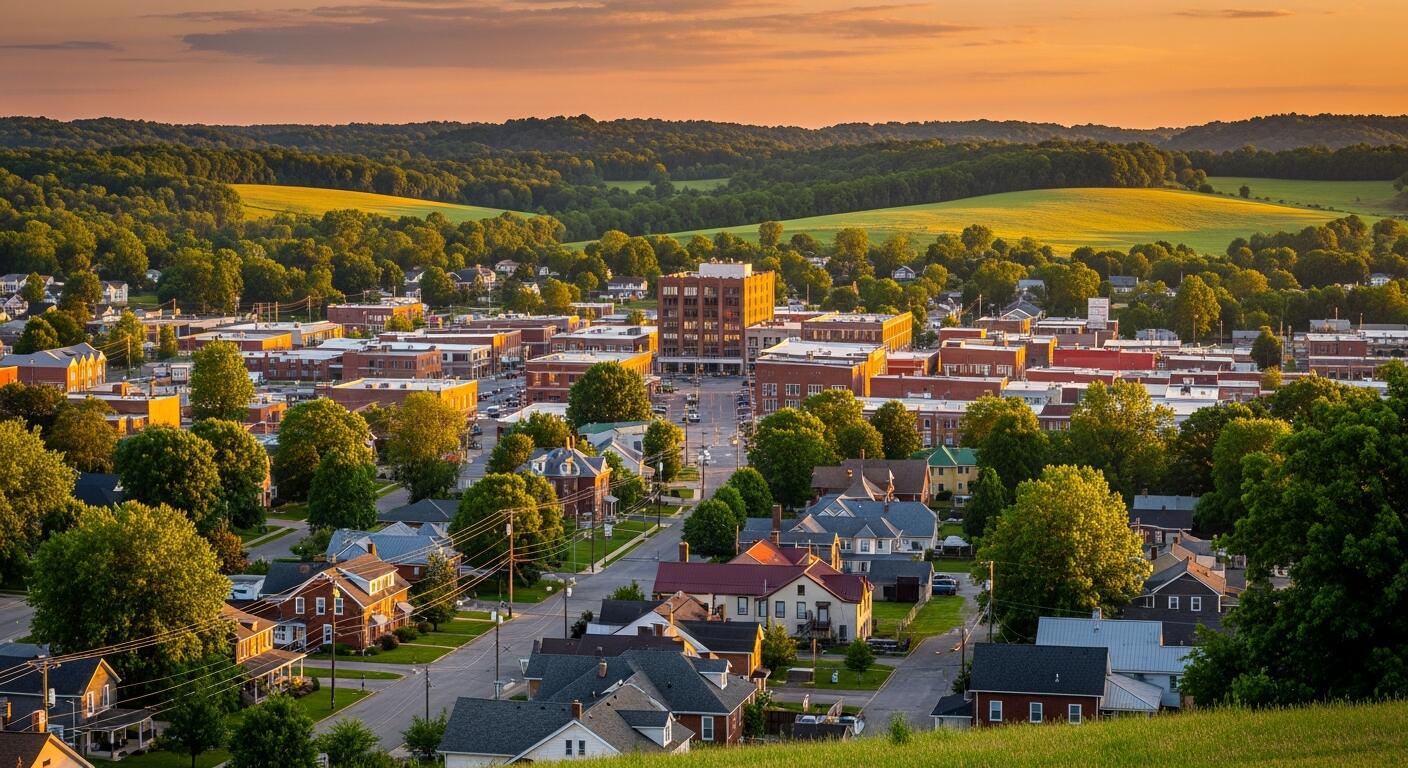 Leitchfield Kentucky aerial view at sunset for Kentuckiana Moving service-area planning